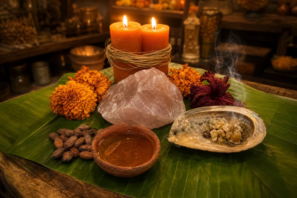 Altar de amarre de amor con velas naranjas entrelazadas, flores de cempasúchil y cuarzo rosa en la Botánica Indio Amazónico en Paterson, NJ