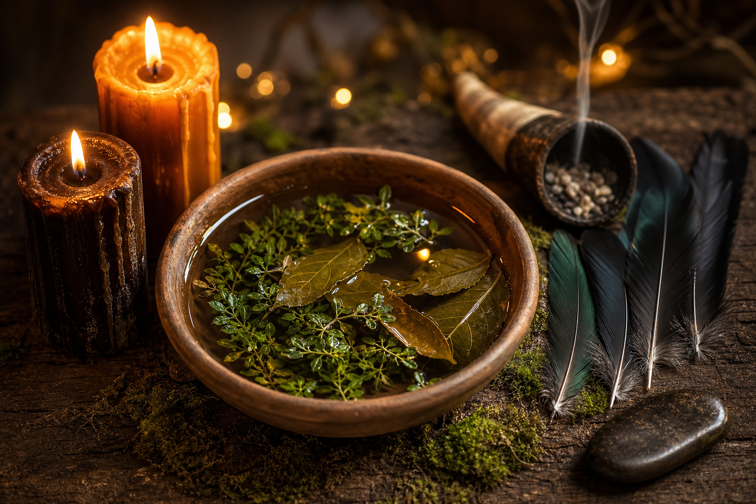 Ritual chamánico veracruzano con cuenco de barro, velas café y naranja, plumas negras y verdes, copal humeante y piedra de río sobre fondo de madera oscura con musgo