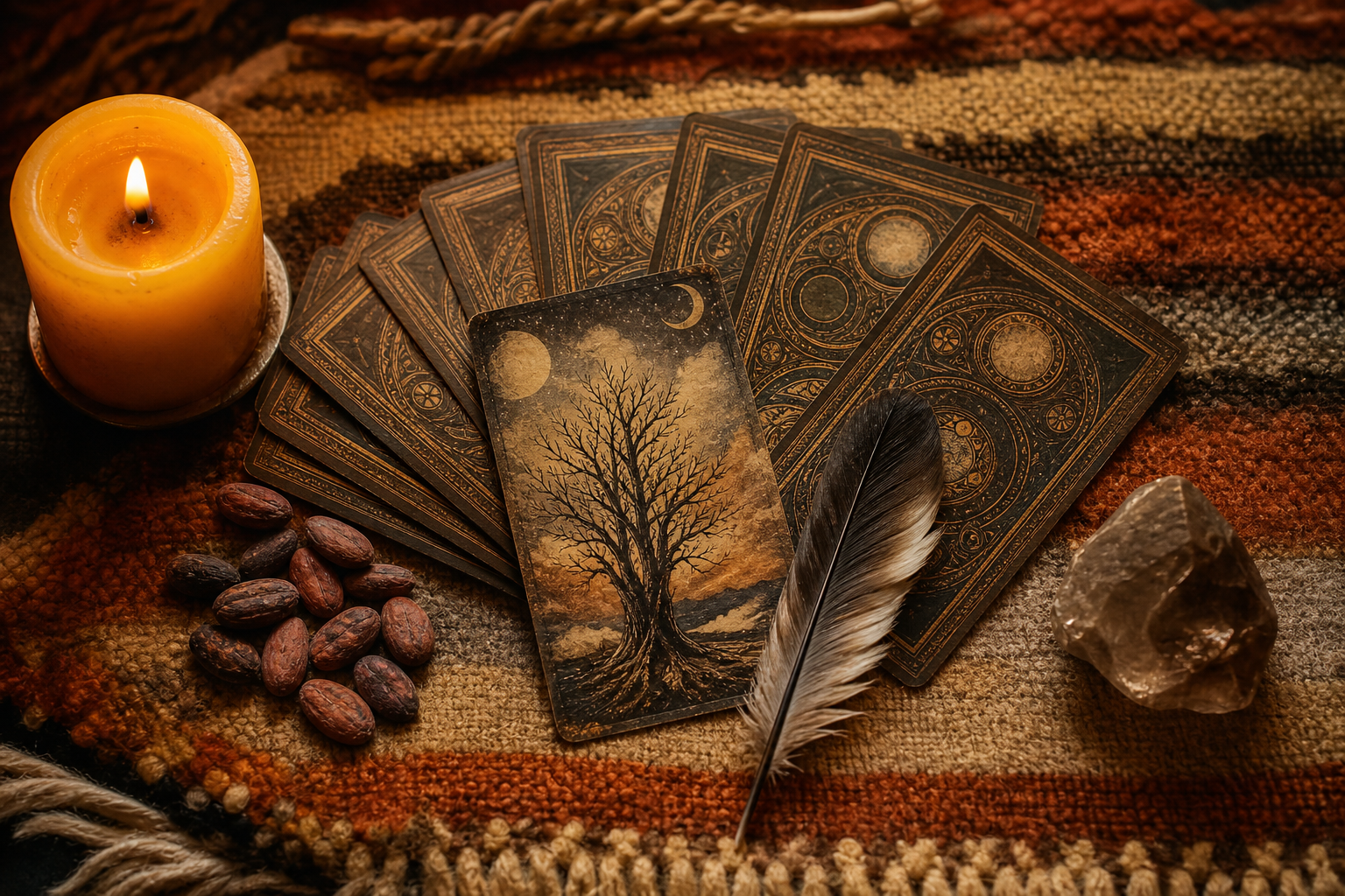 Lectura del Tarot con baraja extendida sobre manta artesanal, vela encendida y cuarzo ahumado en ambiente chamánico