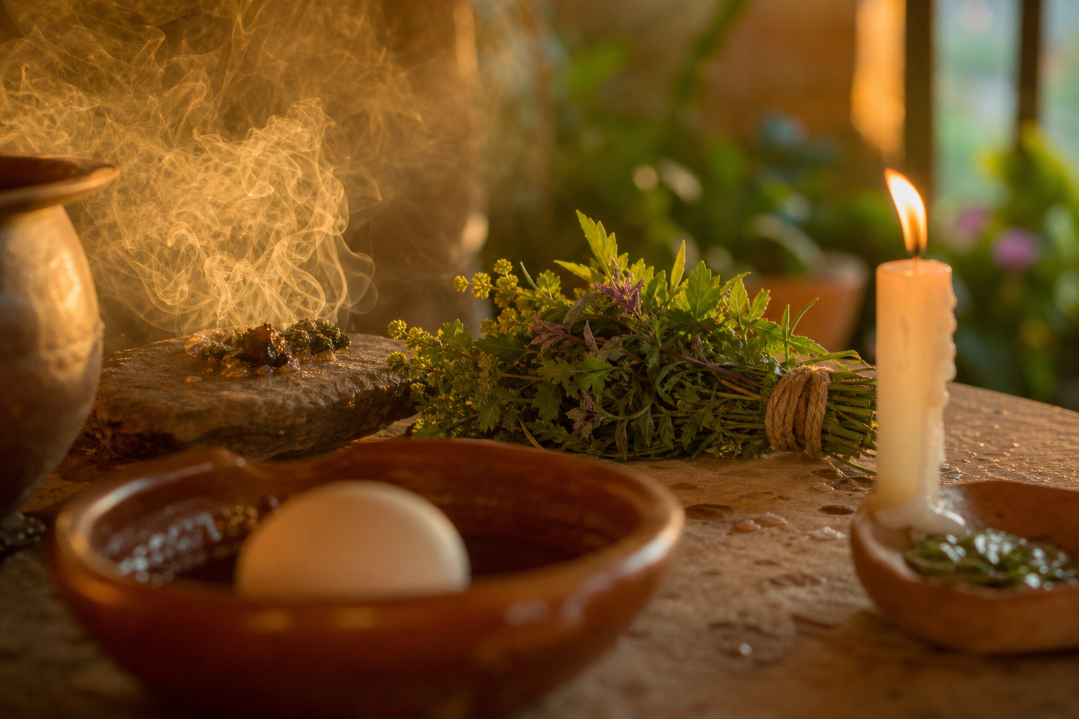 Limpieza espiritual con hierbas tropicales, huevo y sahumerio de copal sobre superficie de barro, con luz de vela y fondo desenfocado