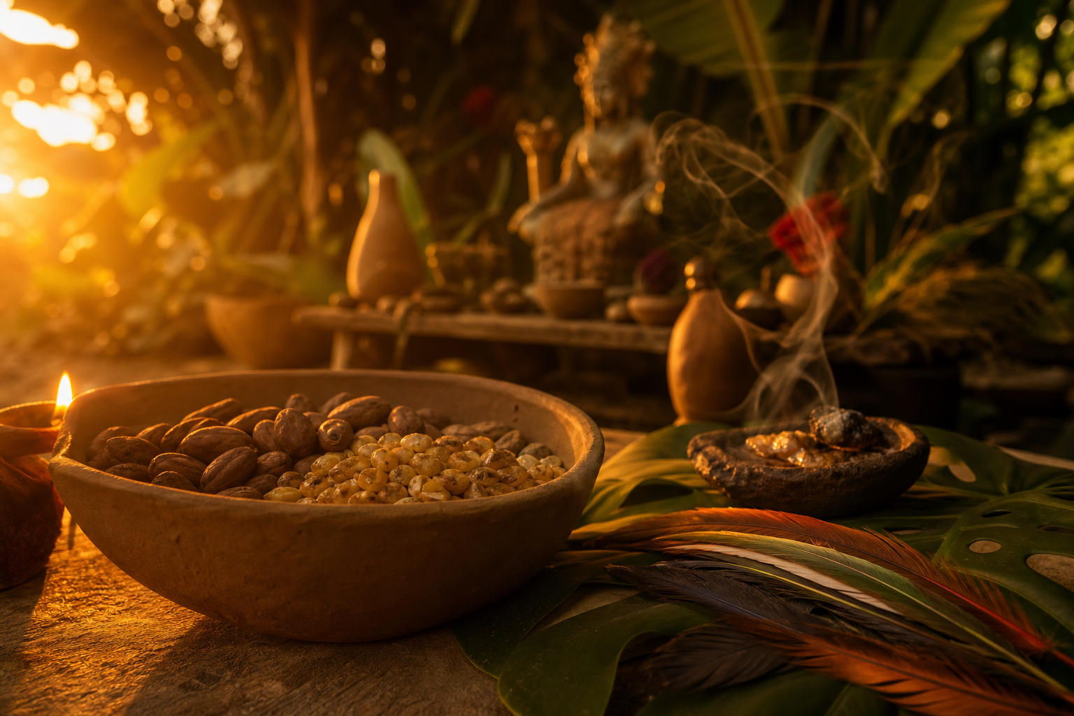 Altar de santería con velas naranjas y amarillas, semillas amazónicas en cuenco de barro y plumas naturales sobre hoja de monstera, fondo desenfocado con estatua de