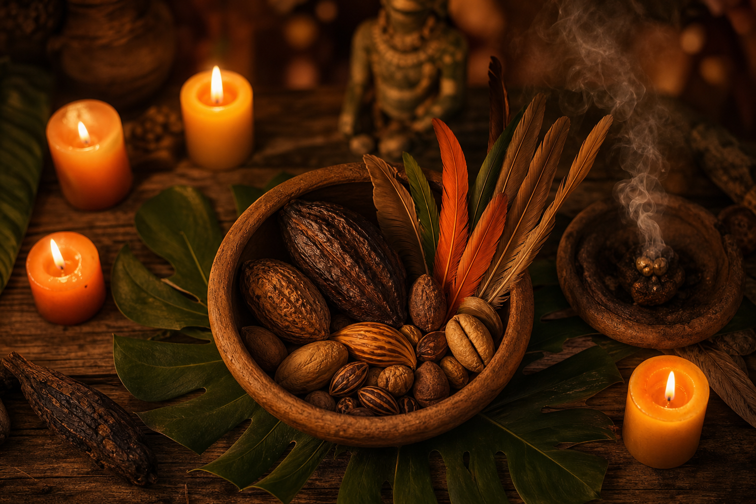 Altar de santería con velas naranjas y amarillas, semillas amazónicas en cuenco de barro y plumas naturales sobre hoja de monstera, con estatua de orisha desenfocada