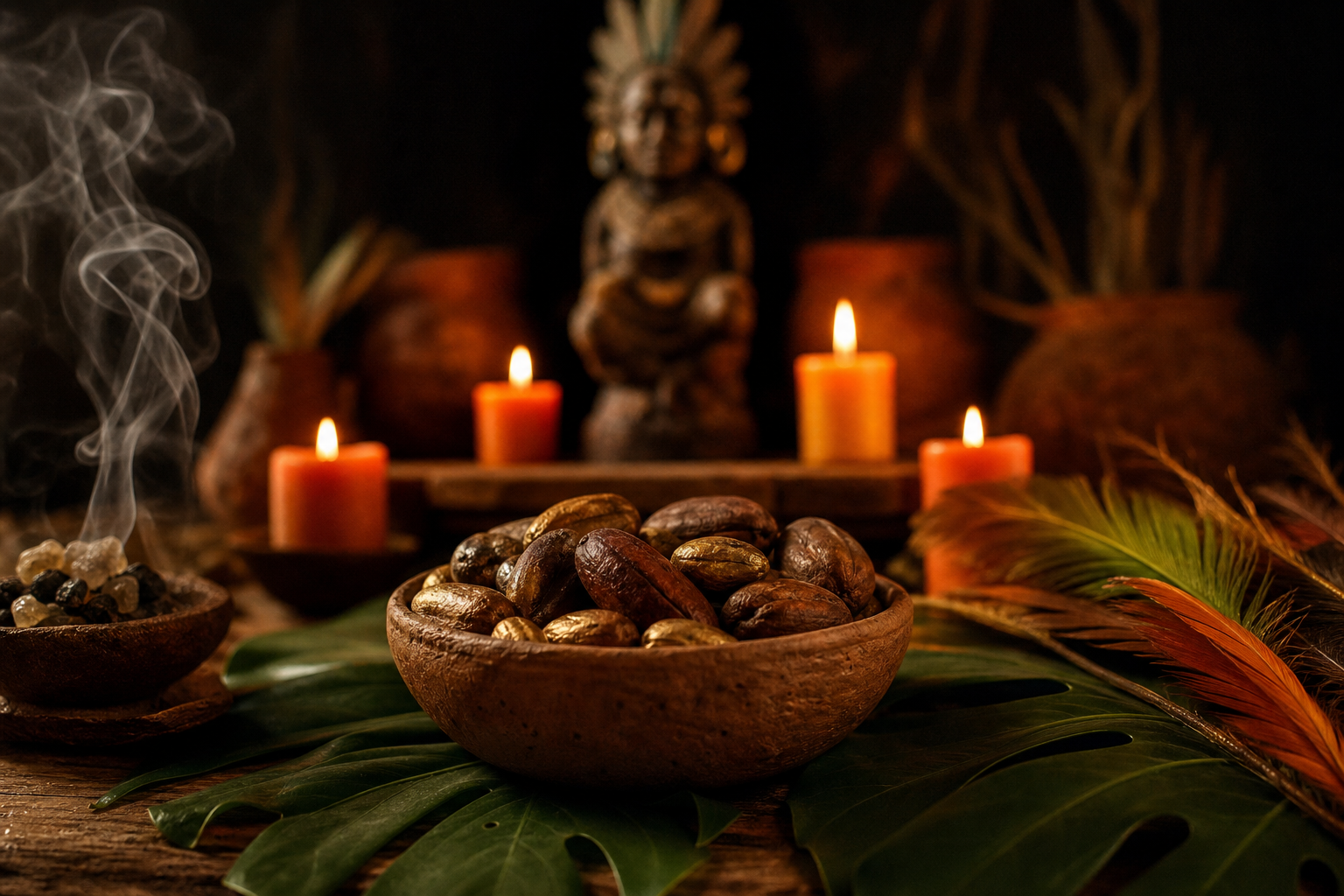 Altar de santería con velas naranjas y amarillas, semillas amazónicas y plumas naturales sobre hoja de monstera en Salinas, California
